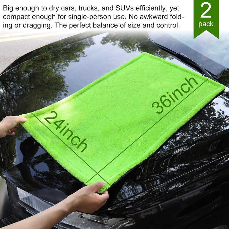 Singrune 2 Pack XL Car Drying Towel – 1300GSM Ultra Absorbent Microfiber, 24"x36" Large Size, Twisted Loop, Lint-Free & Streak-Free for Auto Detailing, Car, SUV, Truck (Gray-Green) - Image 2